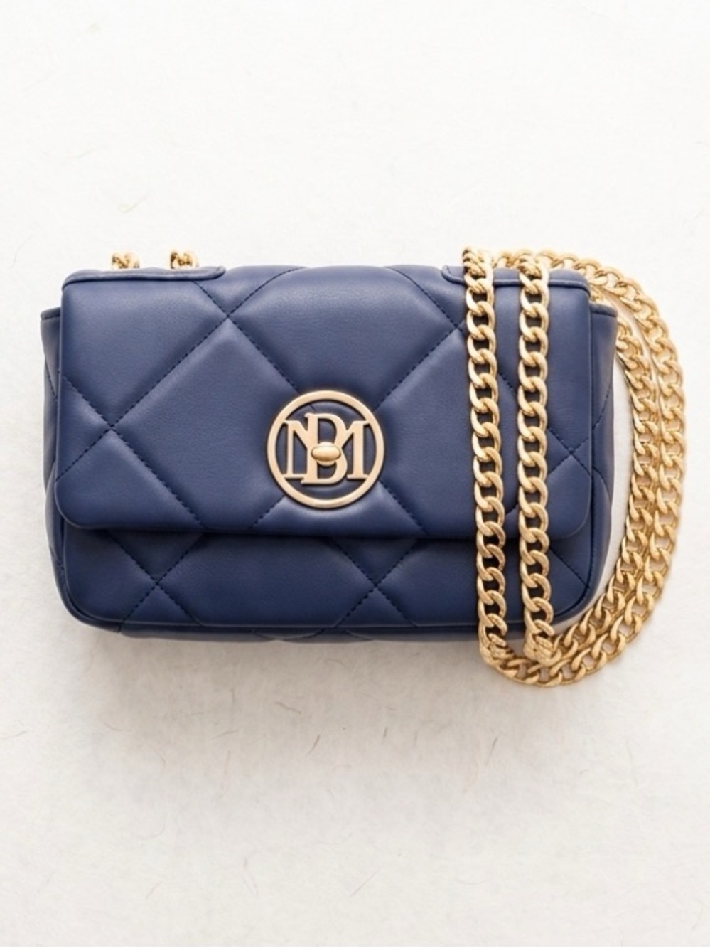 Badgley Mischka Vegan Quilted Navy Shoulder Bag with Gold Chain NWT